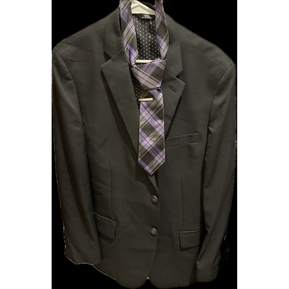 Haggar Other - Haggar Mens Full Suit Jacket Black Button Collared Pants Size 38x34 & Tie